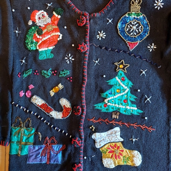 Christmas bling sweater ugly xmas Sweater beads pearls sequins med-large - Picture 3 of 3